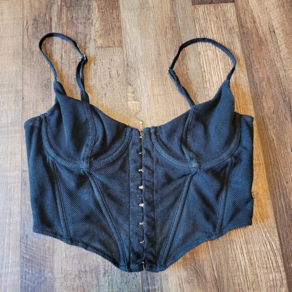 Tops - Black Mesh Corset Zip Up Bustier Bra Top
